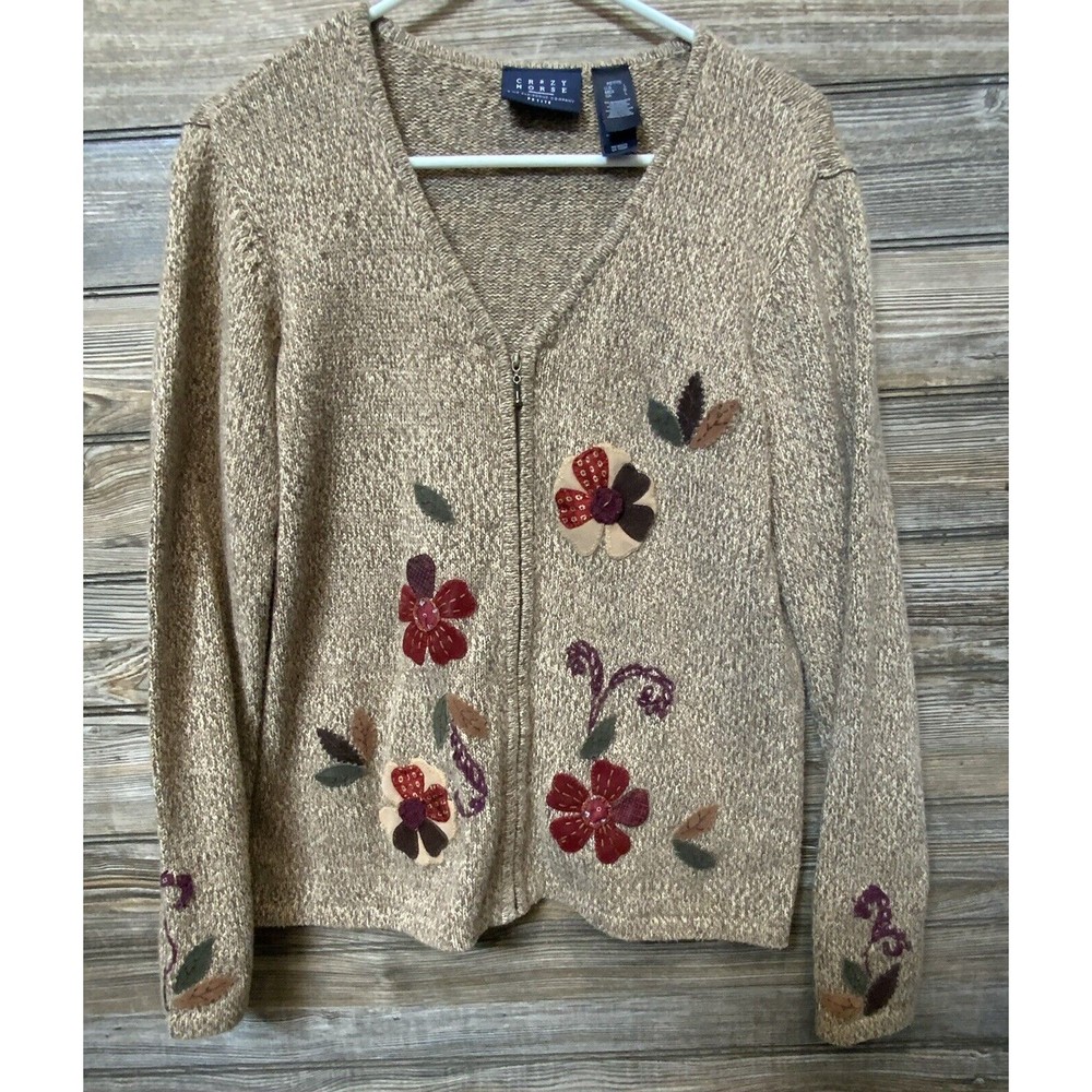 Crazy Horse Liz Claiborne Fall Sweater Cardigan w/ Applique Flowers Zip Petite L - Picture 2 of 6